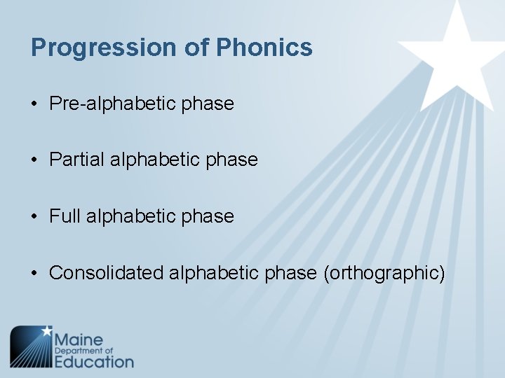 Progression of Phonics • Pre-alphabetic phase • Partial alphabetic phase • Full alphabetic phase