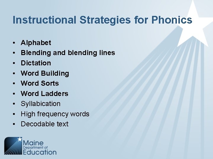 Instructional Strategies for Phonics • • • Alphabet Blending and blending lines Dictation Word