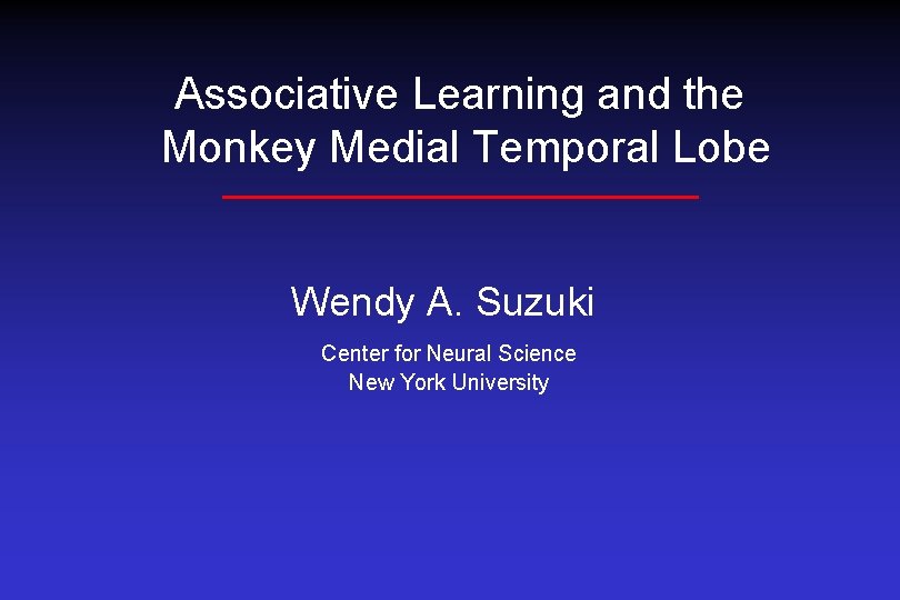 Associative Learning and the Monkey Medial Temporal Lobe Wendy A. Suzuki Center for Neural