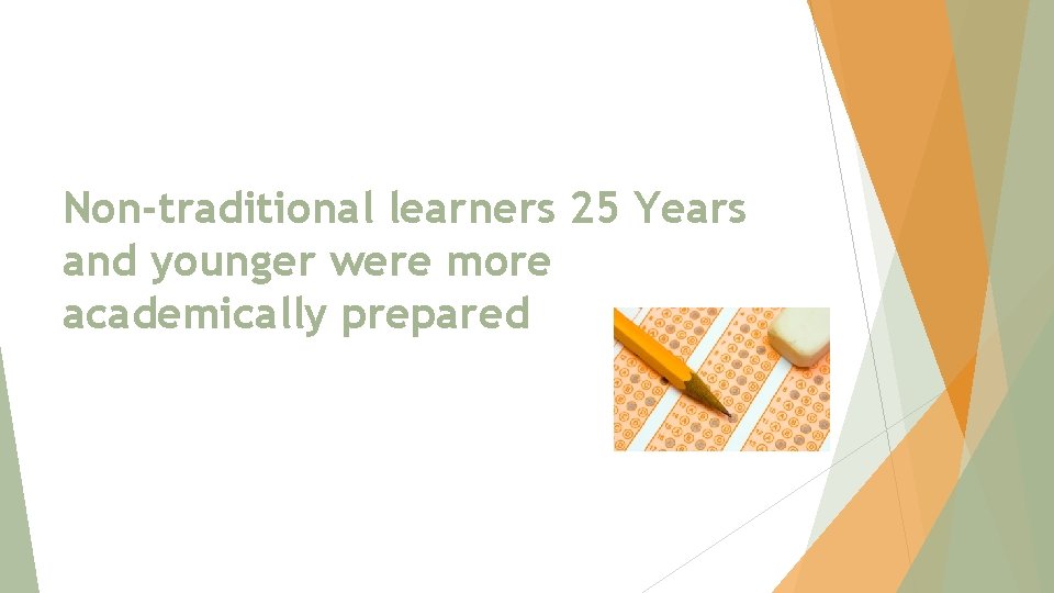 Non-traditional learners 25 Years and younger were more academically prepared 