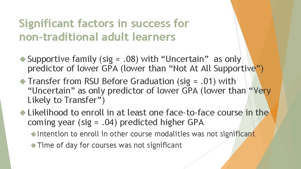 Significant factors in success for non-traditional adult learners Supportive family (sig =. 08) with