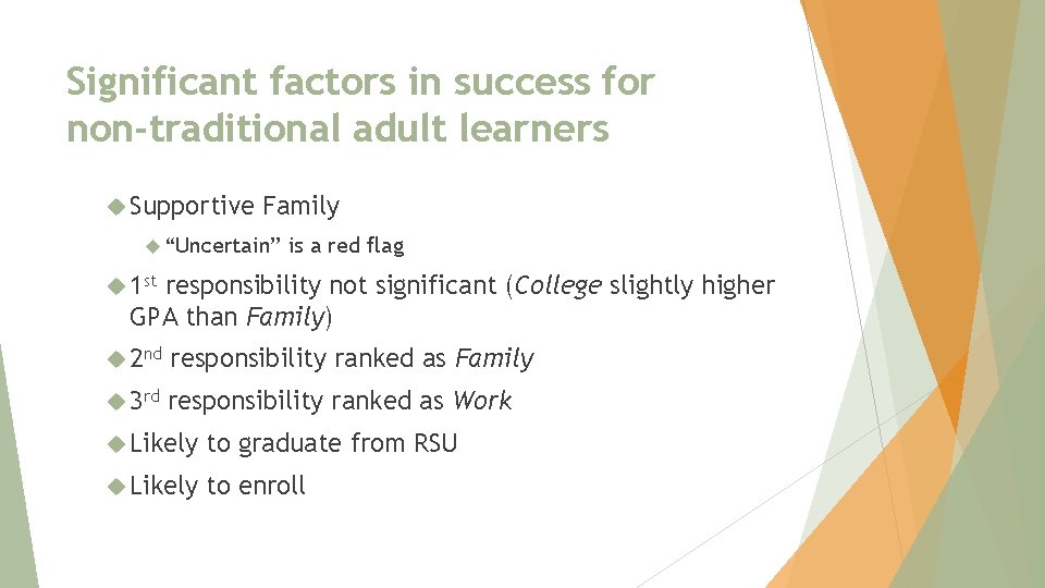 Significant factors in success for non-traditional adult learners Supportive Family “Uncertain” is a red