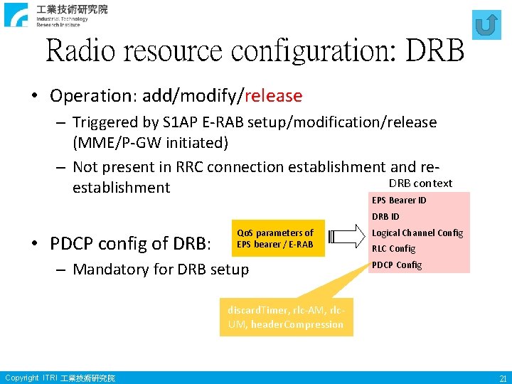 Radio resource configuration: DRB • Operation: add/modify/release – Triggered by S 1 AP E-RAB