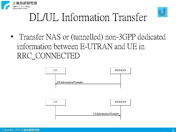 DL/UL Information Transfer • Transfer NAS or (tunnelled) non-3 GPP dedicated information between E-UTRAN