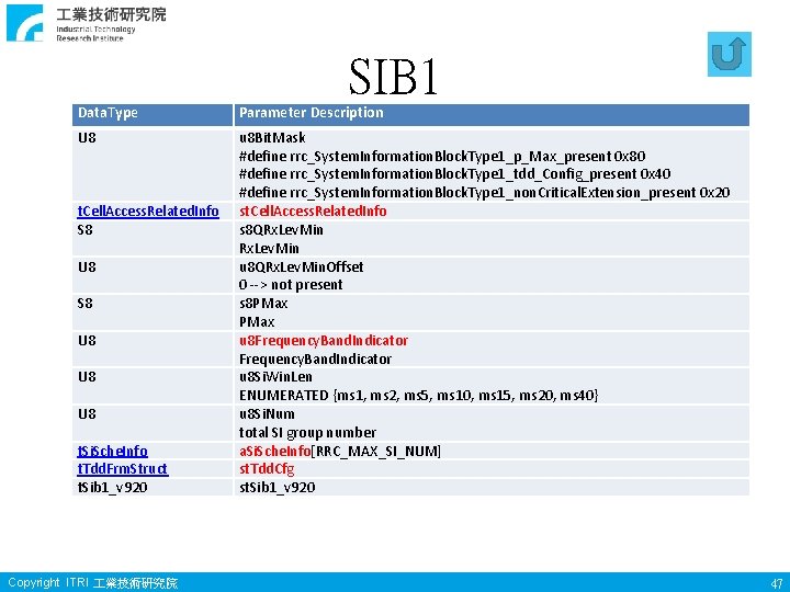 SIB 1 Data. Type Parameter Description U 8 u 8 Bit. Mask #define rrc_System.