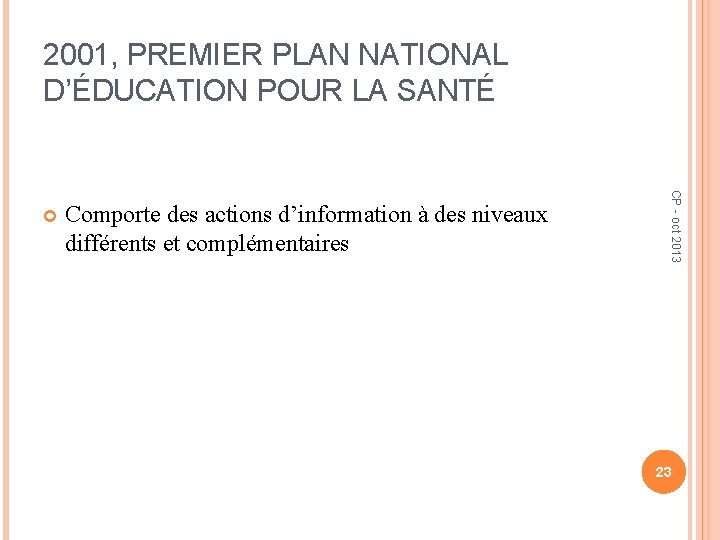 2001, PREMIER PLAN NATIONAL D’ÉDUCATION POUR LA SANTÉ Comporte des actions d’information à des