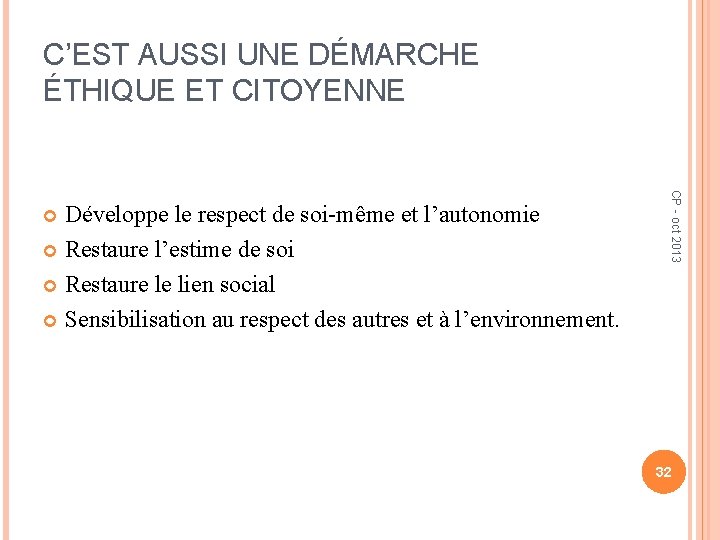 C’EST AUSSI UNE DÉMARCHE ÉTHIQUE ET CITOYENNE CP - oct 2013 Développe le respect