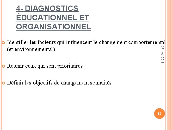 4 - DIAGNOSTICS ÉDUCATIONNEL ET ORGANISATIONNEL Identifier les facteurs qui influencent le changement comportemental