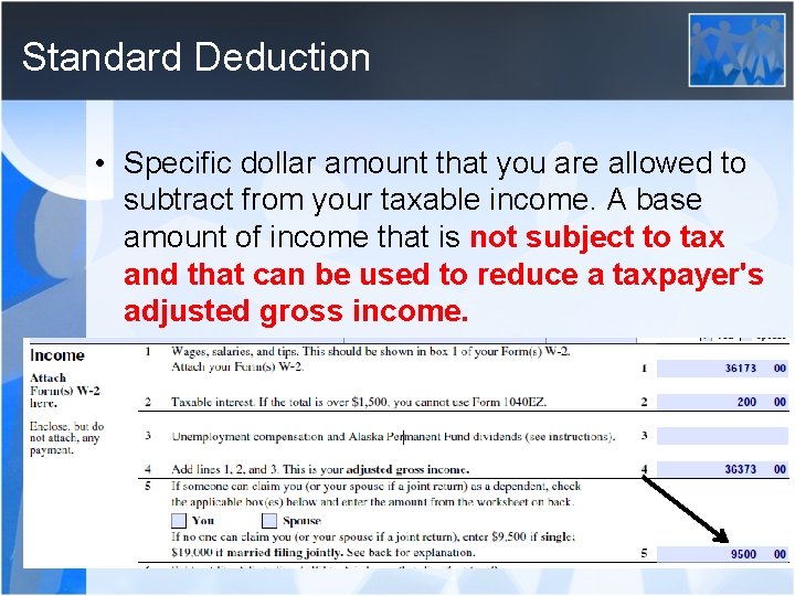 Standard Deduction • Specific dollar amount that you are allowed to subtract from your