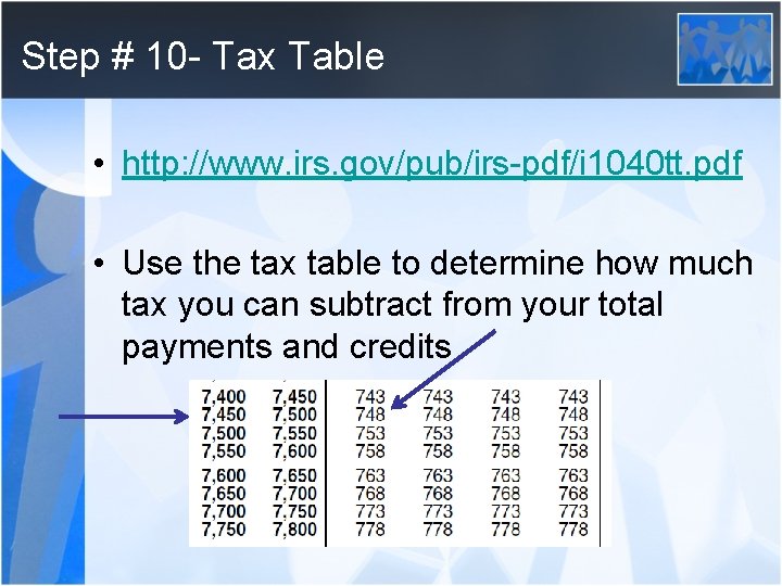 Step # 10 - Tax Table • http: //www. irs. gov/pub/irs-pdf/i 1040 tt. pdf
