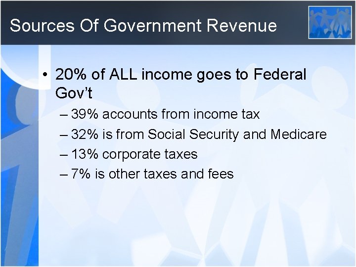 Sources Of Government Revenue • 20% of ALL income goes to Federal Gov’t –