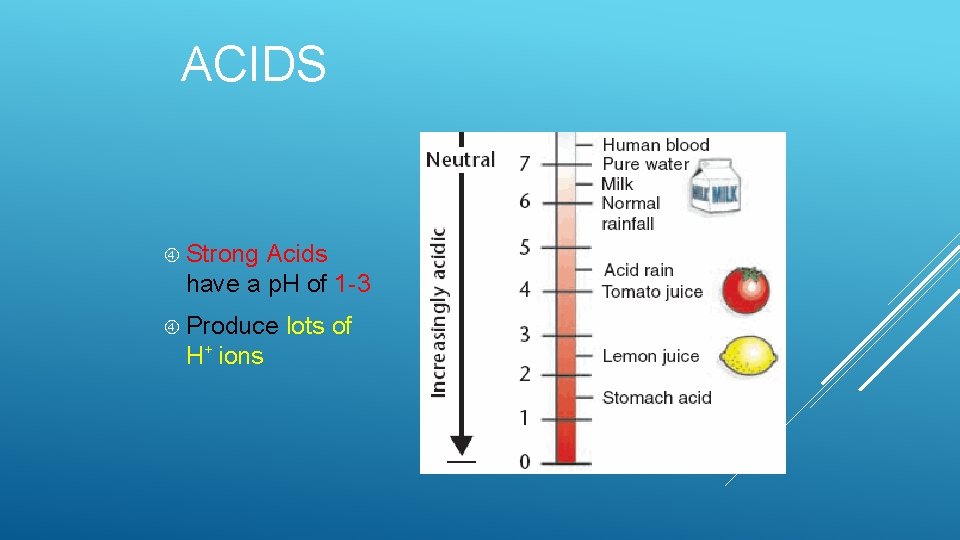 ACIDS Strong Acids have a p. H of 1 -3 Produce H+ ions lots ACIDS Strong Acids have a p. H of 1 -3 Produce H+ ions lots
