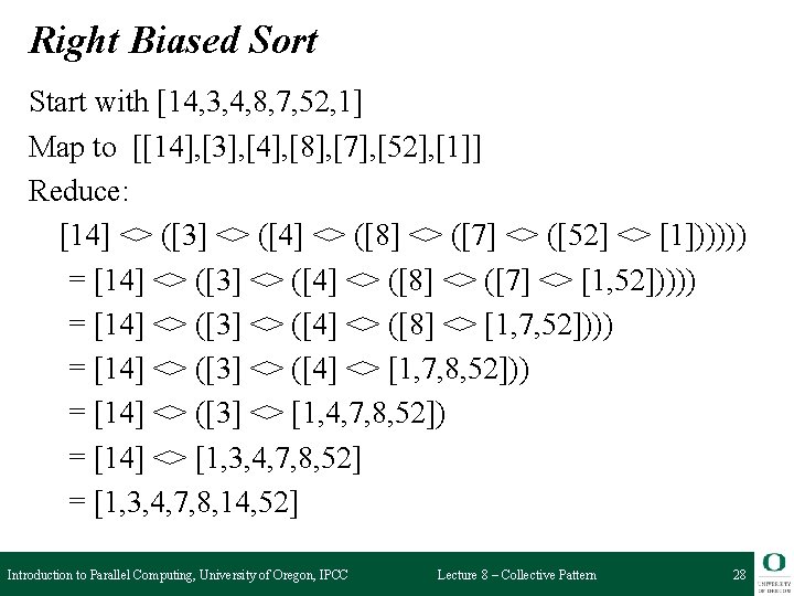 Right Biased Sort Start with [14, 3, 4, 8, 7, 52, 1] Map to