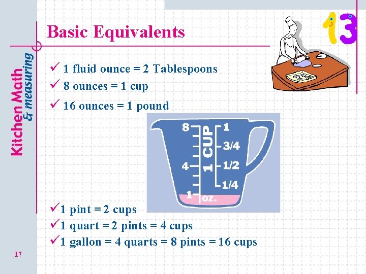 Basic Equivalents ü 1 fluid ounce = 2 Tablespoons ü 8 ounces = 1