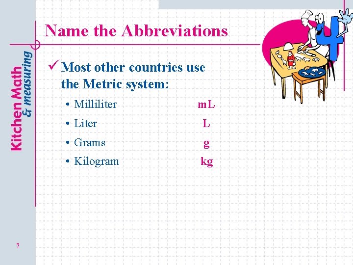 Name the Abbreviations ü Most other countries use the Metric system: • Milliliter 7