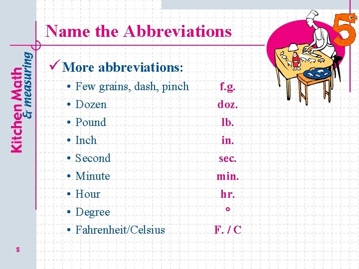 Name the Abbreviations ü More abbreviations: • • • 8 Few grains, dash, pinch