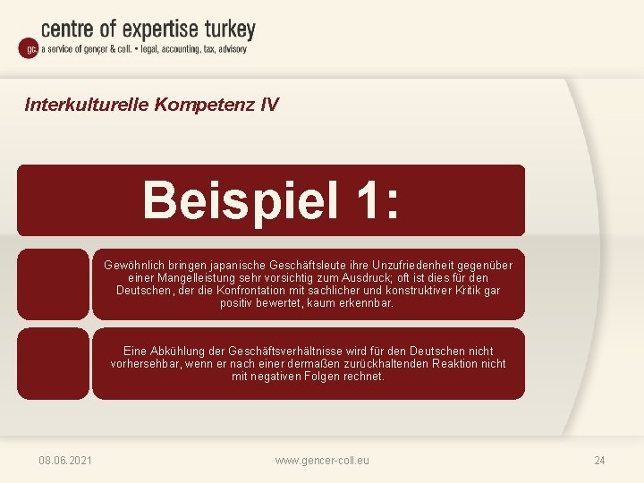 Interkulturelle Kompetenz IV Beispiel 1: Gewöhnlich bringen japanische Geschäftsleute ihre Unzufriedenheit gegenüber einer Mangelleistung