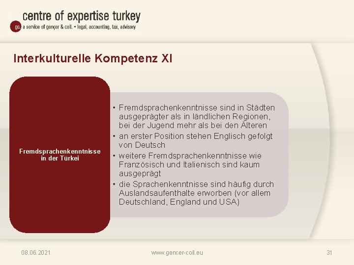 Interkulturelle Kompetenz XI Fremdsprachenkenntnisse in der Türkei 08. 06. 2021 • Fremdsprachenkenntnisse sind in