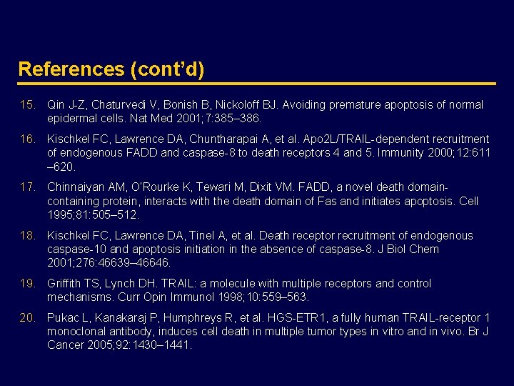 References (cont’d) 15. Qin J-Z, Chaturvedi V, Bonish B, Nickoloff BJ. Avoiding premature apoptosis