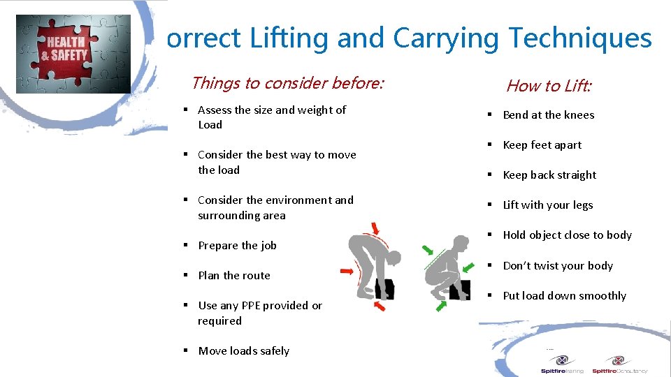 Correct Lifting and Carrying Techniques Things to consider before: § Assess the size and
