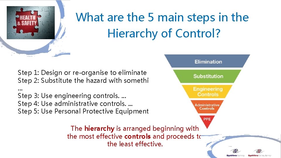 What are the 5 main steps in the Hierarchy of Control? Step 1: Design