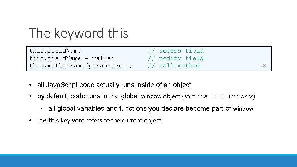 The keyword this. field. Name = value; this. method. Name(parameters); // access field //