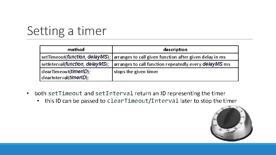 Setting a timer method description set. Timeout(function, delay. MS); arranges to call given function