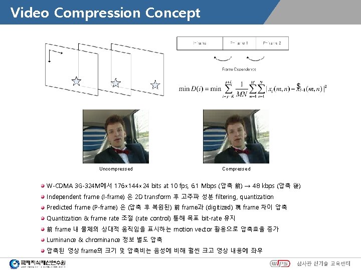 Video Compression Concept Uncompressed Compressed W-CDMA 3 G-324 M에서 176× 144× 24 bits at