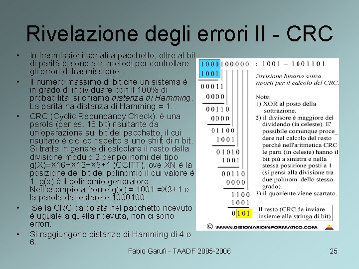 Rivelazione degli errori II - CRC • • • In trasmissioni seriali a pacchetto,