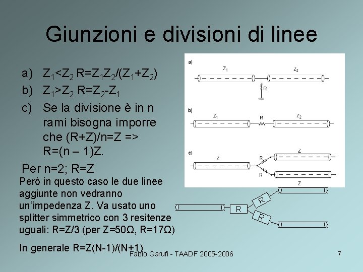 Giunzioni e divisioni di linee a) Z 1<Z 2 R=Z 1 Z 2/(Z 1+Z