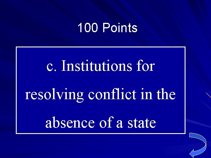 100 Points c. Institutions for resolving conflict in the absence of a state 