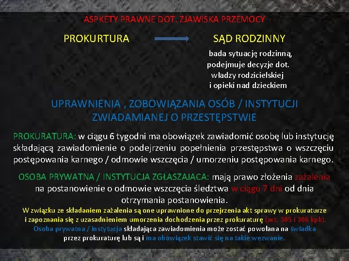 ASPKETY PRAWNE DOT. ZJAWISKA PRZEMOCY PROKURTURA SĄD RODZINNY bada sytuację rodzinną, podejmuje decyzje dot.