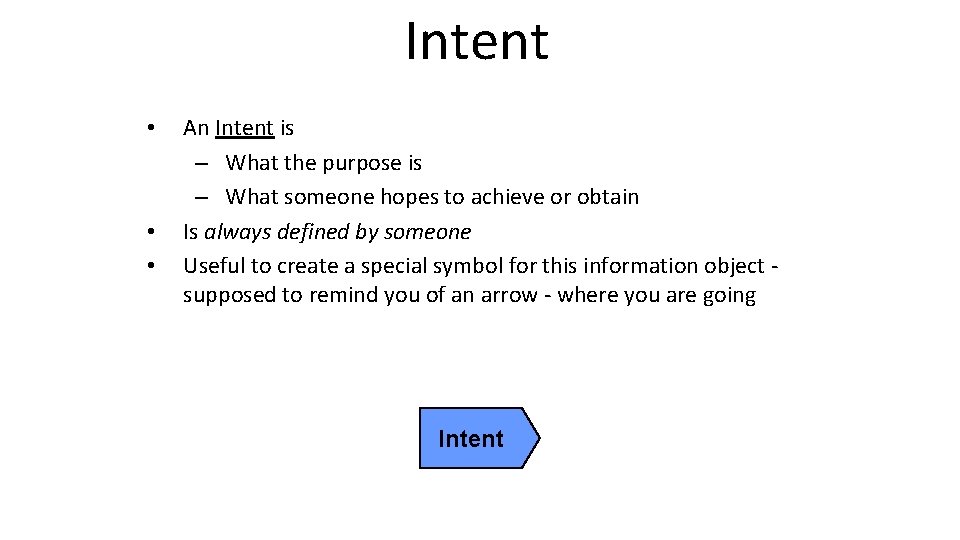 Intent • • • An Intent is – What the purpose is – What