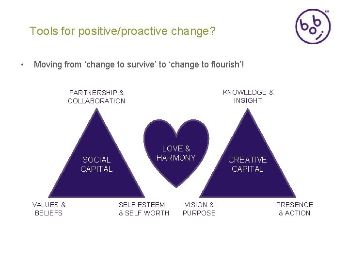 Tools for positive/proactive change? • Moving from ‘change to survive’ to ‘change to flourish’!