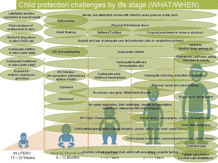 Child protection challenges by life stage (WHAT/WHEN) Late/failed abortion - premature & special needs