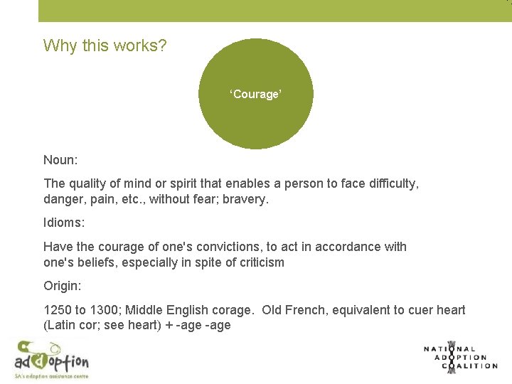 Why this works? ‘Courage’ Noun: The quality of mind or spirit that enables a