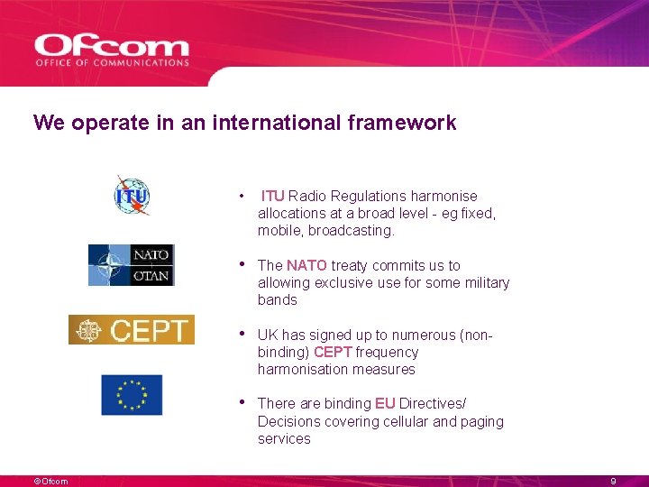 We operate in an international framework • ITU Radio Regulations harmonise allocations at a We operate in an international framework • ITU Radio Regulations harmonise allocations at a