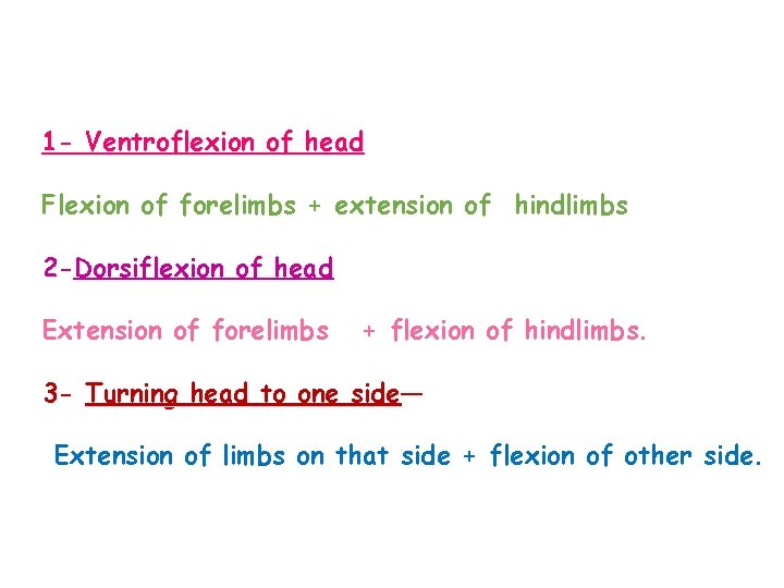 1 - Ventroflexion of head Flexion of forelimbs + extension of hindlimbs 2 -Dorsiflexion