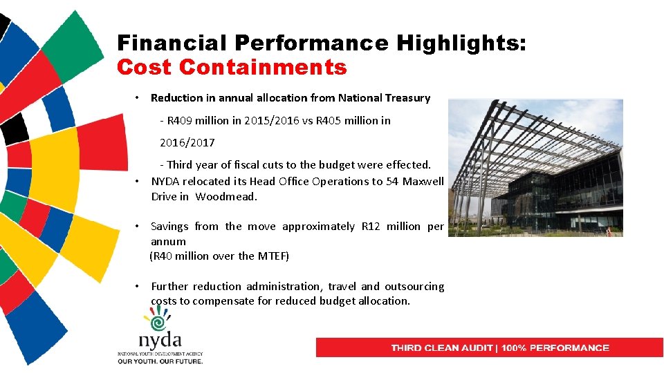 Financial Performance Highlights: Cost Containments • Reduction in annual allocation from National Treasury -