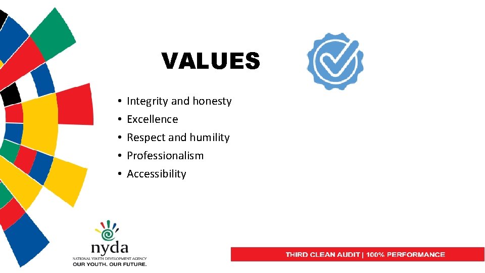 VALUES • • • Integrity and honesty Excellence Respect and humility Professionalism Accessibility 