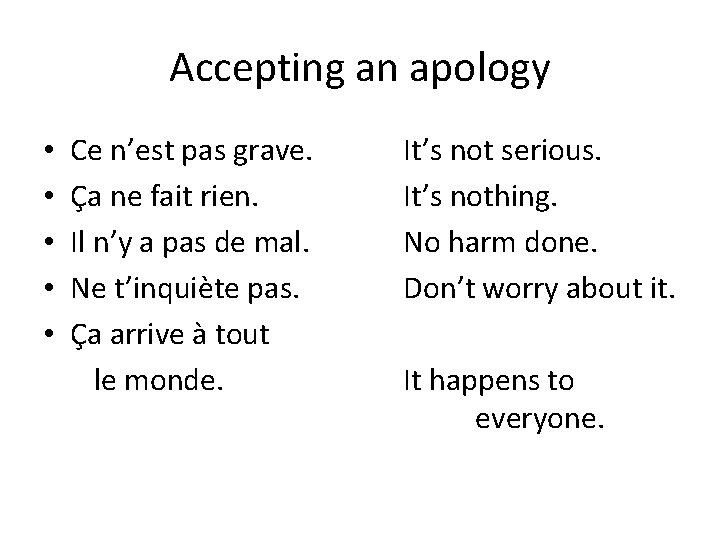 Accepting an apology • • • Ce n’est pas grave. Ça ne fait rien.