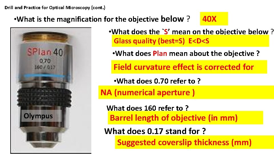 Drill and Practice for Optical Microscopy (cont. ) • What is the magnification for