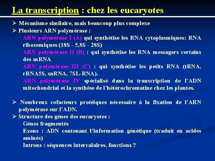La transcription : chez les eucaryotes Ø Mécanisme similaire, mais beaucoup plus complexe Ø