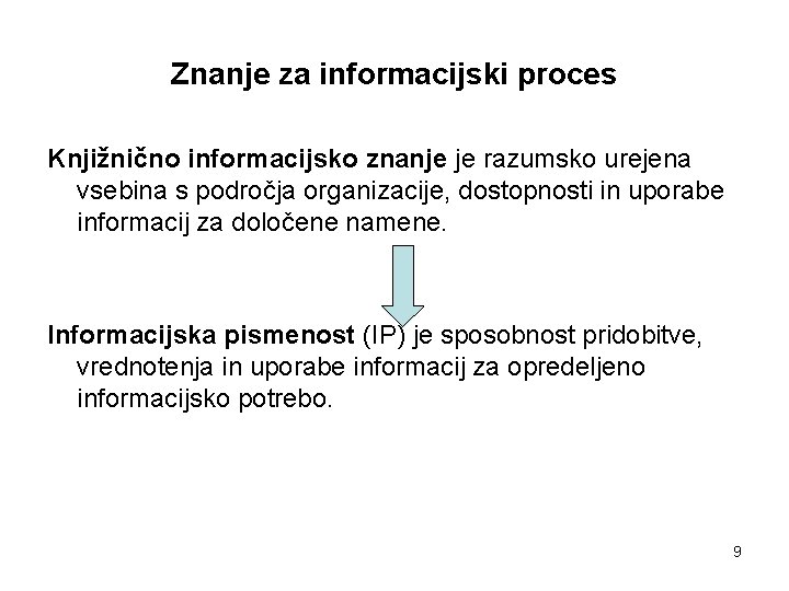 Znanje za informacijski proces Knjižnično informacijsko znanje je razumsko urejena vsebina s področja organizacije,