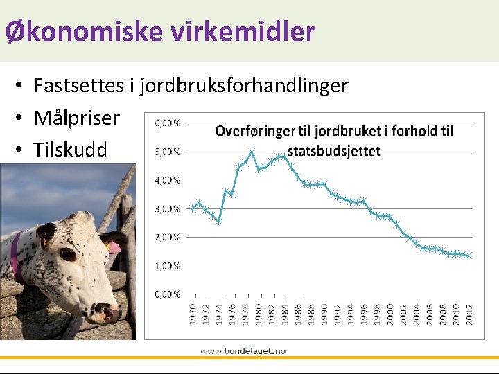 Økonomiske virkemidler • Fastsettes i jordbruksforhandlinger • Målpriser • Tilskudd 