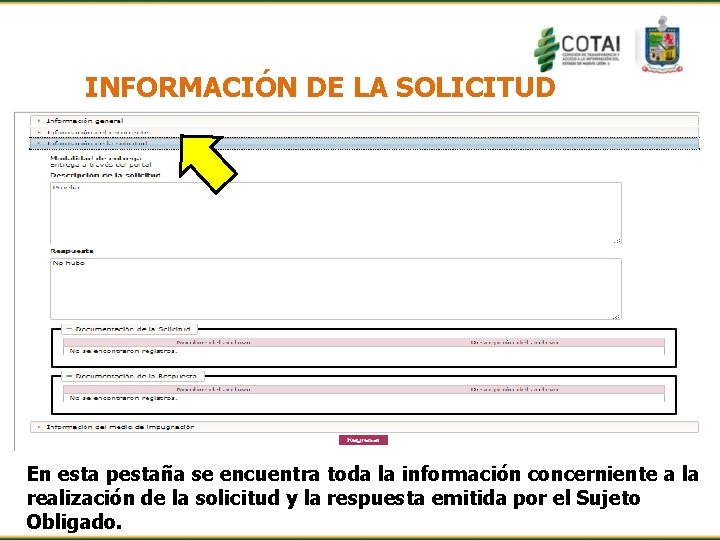 INFORMACIÓN DE LA SOLICITUD En esta pestaña se encuentra toda la información concerniente a