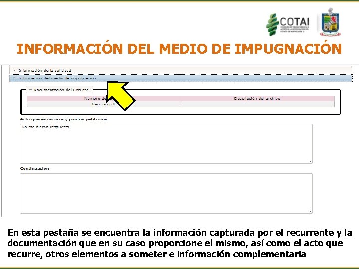 INFORMACIÓN DEL MEDIO DE IMPUGNACIÓN En esta pestaña se encuentra la información capturada por