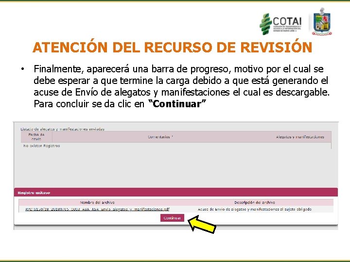 ATENCIÓN DEL RECURSO DE REVISIÓN • Finalmente, aparecerá una barra de progreso, motivo por