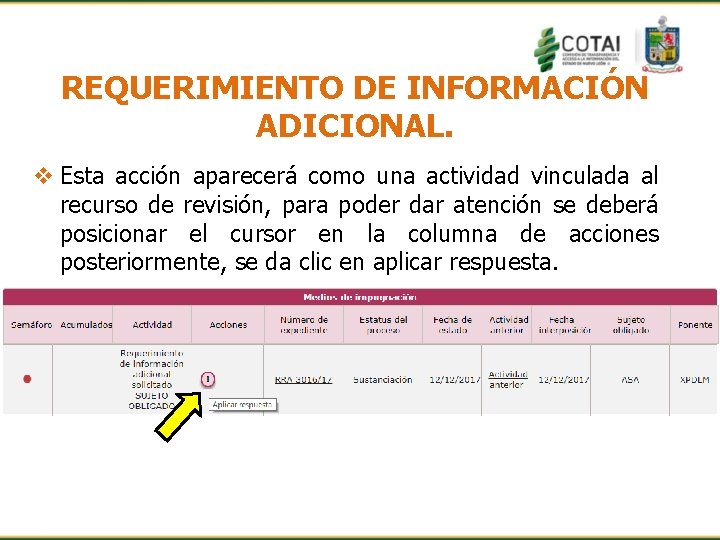 REQUERIMIENTO DE INFORMACIÓN ADICIONAL. v Esta acción aparecerá como una actividad vinculada al recurso