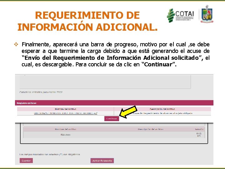 REQUERIMIENTO DE INFORMACIÓN ADICIONAL. v Finalmente, aparecerá una barra de progreso, motivo por el